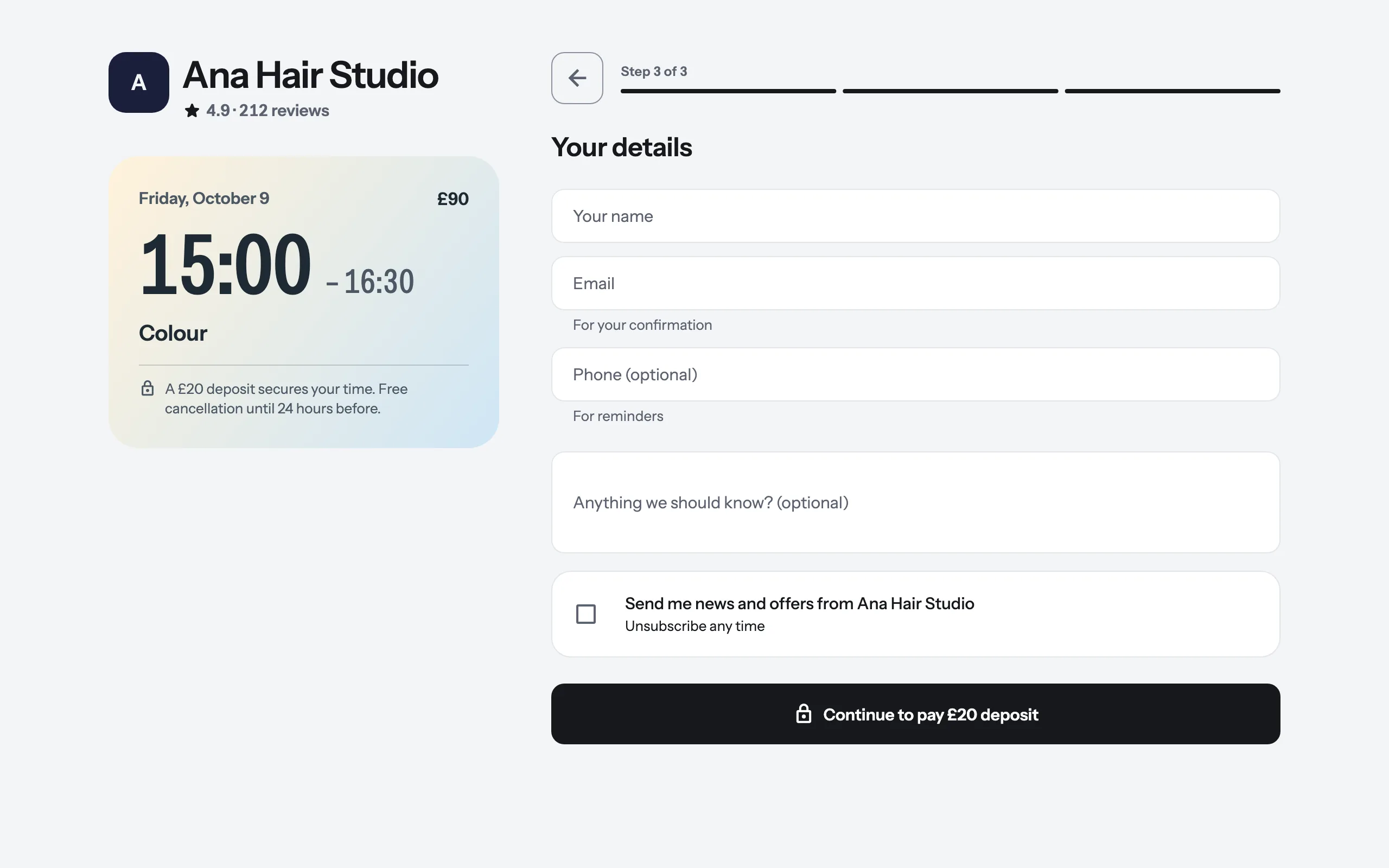 A Seatbound booking page on a laptop: the business name and rating on the left, a large 15:00 to 16:30 time card for a colour appointment, and the customer details form on the right.