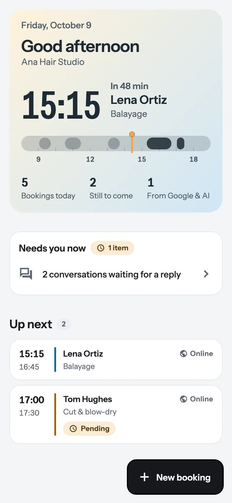 The Today screen: a sky-coloured banner with the next booking and the shape of the day.